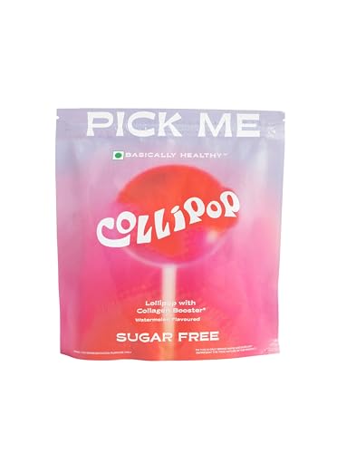 Image of Collipop Sugar-Free Lollipop with Vegan Collagen Booster | Watermelon Flavour | No Refined Sugar Candy | Soft-Chew Centre | Low Calorie Guilt-Free Treat | 5 Lollipops (90g) | Pack of 3