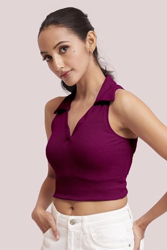 Image of BERRY BIRD Stylish Sleeveless V-Neck Slim Fit Collar Ribbed Knit Tank Crop Tops for Women & Girls Beach and Gym Wear and Western Trendy Fashion