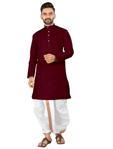 Image of UNIQUE MOMENTS Men's Cotton Dhoti Kurta Set with Full Sleeves Solid Pattern Modern Style and Mandarin Collar Neck | Perfect for Puja & Celebrations