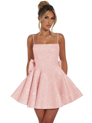 Sparkly Spaghetti Straps Sequin Homecoming Dresses 2025 with Bow Puffy A-line Short Prom Dress Cocktail Party Gown