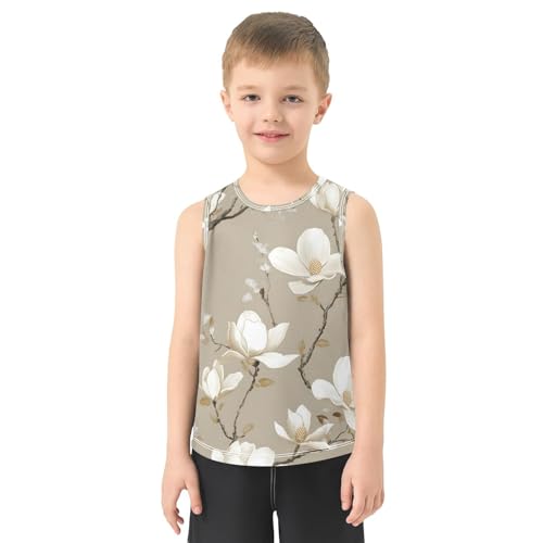 susiyo White Magnolia Flowers on Beige Boys Sleeveless Tank Top Girls Athletic T Shirt2