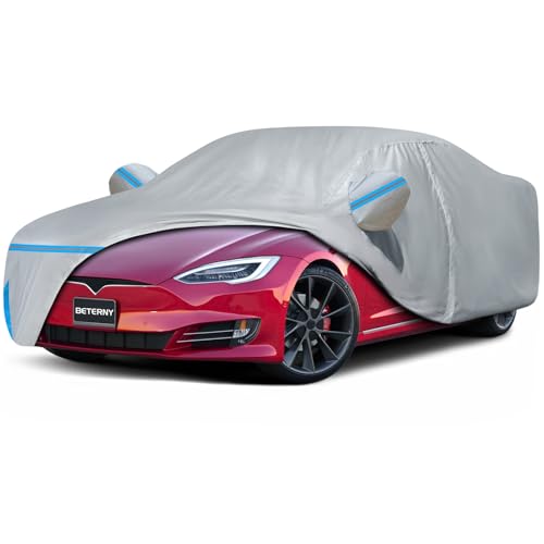Image of Car Cover for 2012-2025 Tesla Model S, Waterproof Custom-fit All Weather Sun Rain UV Dust Snow Protection Windproof Outdoor Model S Full Car Cover with Door Zipper and Cotton Lining-Gray
