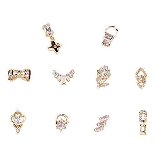 10pcs Gold Nail Dangle Star Zircon Stones Bows 3d Nail Art Decoration Flower Rhinestones Jewelry Design Supplies