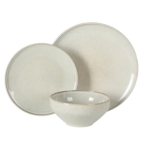 Image of Gibson Elite White Sands Plates and Bowls Sets, 12-Piece Stoneware Dinnerware Sets, Reactive Glaze Dish Set - Moonstone White