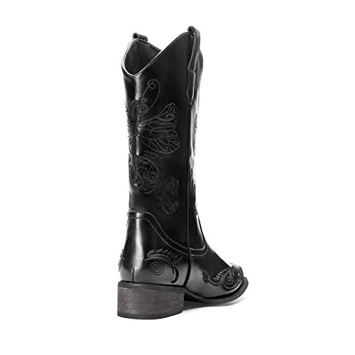 Image of DREAM PAIRS Women's Square Toe Cowboy Cowgirl Boots Pull On Low Chunky Heel Mid Calf Western Boots with Embroidered Stitched for Theme Party Country Concert