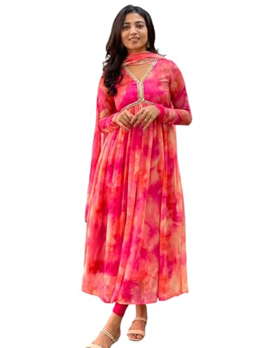 Image of KD Women's Anarkali Floral Printed Kurta Pant Set with Dupatta Anarkali Kurta for Women | Kurta Set | anarkali dress V-NACK kurtis set for women