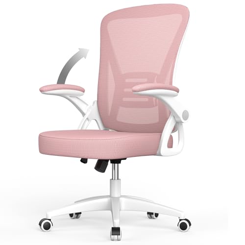 naspaluro Chaise de Bureau avec Accoudoir Relevable, Fauteuil de Bureau en Maille Respirante avec Soutien Lombaire, Dossier Inclinable et Hauteur Réglable, Roulette Pivotant à 360°, Rose