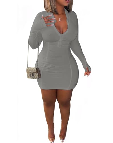 Image of Front Zipper Bodycon Dress Party Long-Sleeve Club Dresses