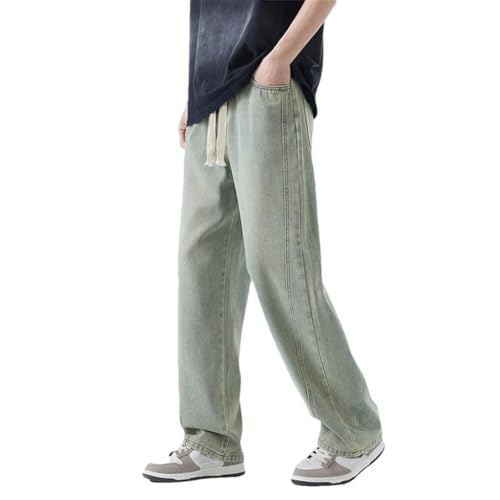 Hndudnff Men Elastic Waist Jeans Solid Color Straight Drawstring Denim Trousers Casual Wide Pants