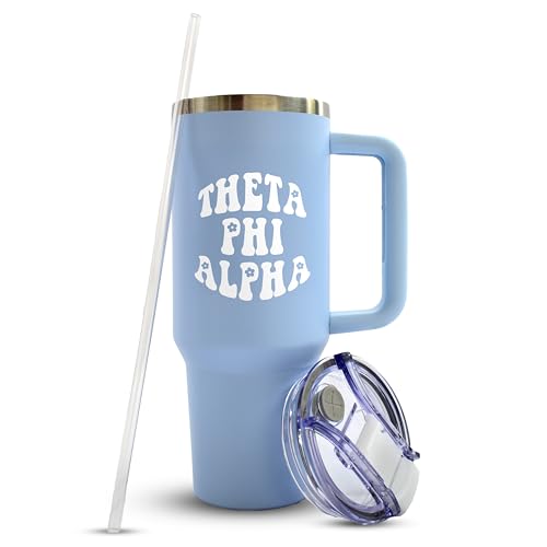 Sorority Shop Theta Phi Alpha 40oz Tumbler with Handle - Best Friend Tumblers for Women - Cute Sorority Engraved Tumbler - Insulated Tumblers to Keep Your Drinks Cold or Hot for Hours