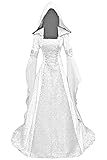 Medieval Victorian Dress for Women,Vintage Witch Halloween Renaissance Irish Costumes Velvet Vampire Hooded Corset Gothic Cosplay Gown Masquerade Theme Maxi Dresses（White，S)