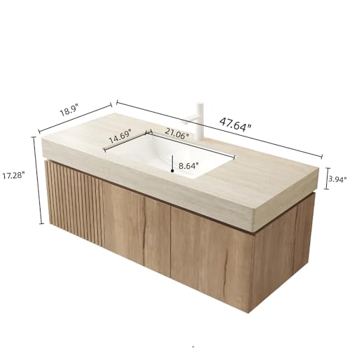 Image of 48 inch Bathroom Vanity with Sink, Wall-Mounted Plywood Bathroom Storage Cabinet with Ceramic Basin & Sintered Stone Countertop, Modern Pre-Assembled Floating Vanity with Drawer & Door, Oak