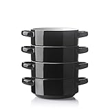Sweejar Ceramic Soup Bowls with Double Handles, 20 Oz Stacked Bowls for French Onion Soup, Cereal, Pot Pies, Stew, Chill, Pasta, Set of 4 (Black)