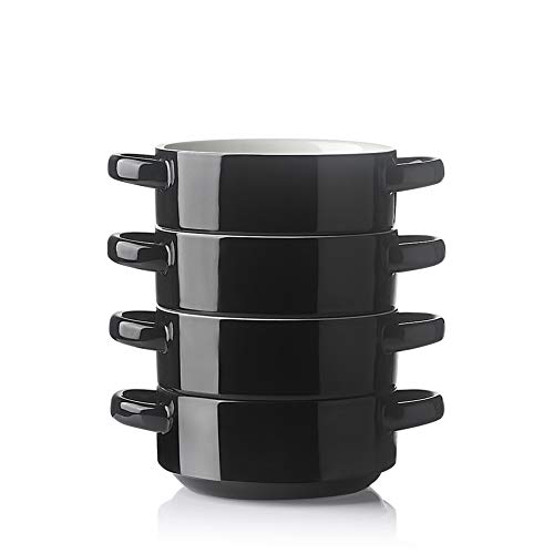 Image of Sweejar Ceramic Soup Bowls with Double Handles, 20 Oz Stacked Bowls for French Onion Soup, Cereal, Pot Pies, Stew, Chill, Pasta, Set of 4 (Black)