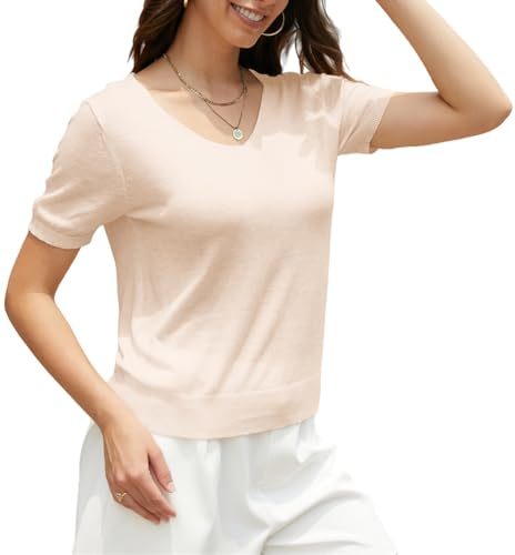 SANGTREE Womens Short Sleeve Sweaters V Neck Knit Tops Casual Soft Pullover Sweaters