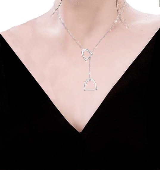 S925 Sterling Silver Double Horse Stirrup Lariat Necklace Y Style Layered Horseshoe Pendant4
