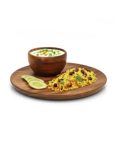 Image of Wooden thali, Sheesham Wood Serving Plate, 25.4 cm Round, Natural Brown, Chemical-Free (Wooden thali 3)