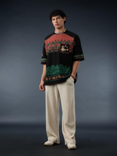 Image of The Souled Store Samsara Men and Boys Short Sleeves Round Neck Grey Graphic Printed Cotton Super Oversized T-Shirts