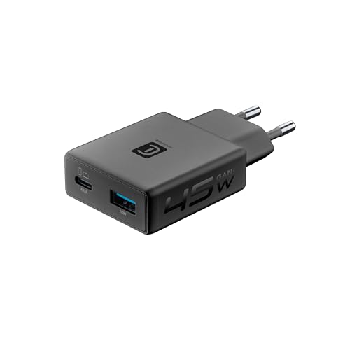 Cargador de Red Power Lite 45W Cellularline con USB-C y USB-A Carga Rápida GaN Negro