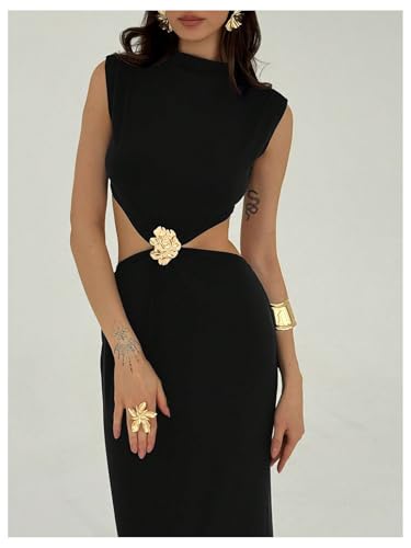 GORGLITTER Women's Metal Cut Out Bodycon Maxi Dresses Mock Neck Sleeveless Summer Wedding Guest Long Dress3