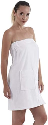 C&B Women's Wrap Towel - 100% Organic Turkish Cotton Adjustable for Spa Gym Pool w Pocket (White)