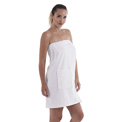 C&B Women's Wrap Towel - 100% Organic Turkish Cotton Adjustable for Spa Gym Pool w Pocket (White)