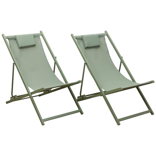 Happy Garden Lot de 2 chiliennes Cyprus en textilène et Structure en Aluminium Vert Sauge - Équipés de Coussins Repose-tête, Confort et Relaxation - Idéal...