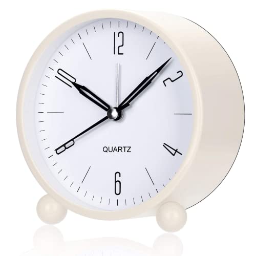 Reloj despertador analógico, gran esfera de 10,2 cm, minimalista, redondo, de metal, moderno, sin tic-tac, silencioso, funciona con pilas (blanco)