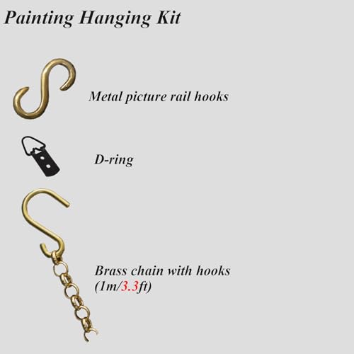 Image of UrbanUp Picture Rail Hanging System Brass Chain with Hooks & D - Rings, 3.3ft Long Gold Chain for Picture Hanging Rail, Picture Hanging Hardware Adjustable(10pcs)