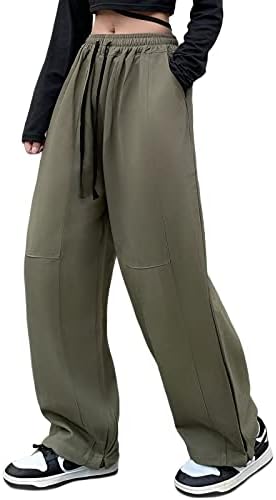 Veryin Parachute Pants for Women Y2K Baggy Cargo Pants Wide Leg High Waist Drawstring Casual Trendy Boyfriend Pants Army Green