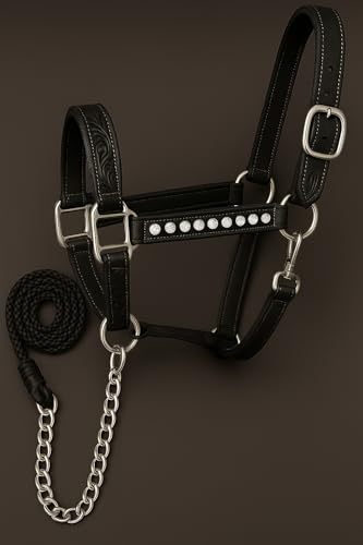 MARTIN ENTERPRISES Handcrafted Leather Horse Halter – Tooled Design with Crystals, Cushioned Padding, Adjustable Fit, Chain Lead Full M26