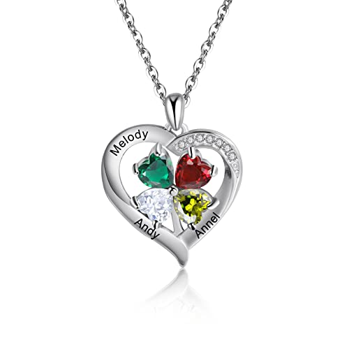 Mothers Necklace, Birthstone Necklesses for Mom Personalized Necklaces for Women Engraved Names Jewelry Gift (Engrave Name, Heart)