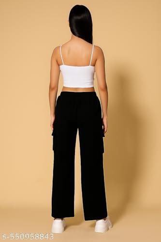 Image of Women's Black Cargo Trousers, Wide Leg, Elastic Waist, Multi-Pocket, Casual Style