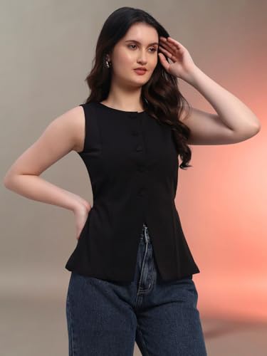 Image of Trend Arrest.ed Stretchable Waistcoat Top for Women | Button Front | Sleeveless Slim Fit Vest for Casual & Workwear