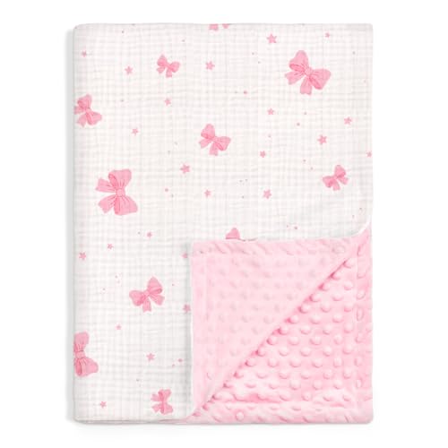 Image of SANDJEST Bow Minky Muslin & Dotted Blanket 30x40 in Gift for Holiday, Gender Reveal Party, Hospital Visit, Baptism