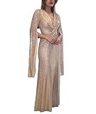 xxxiticat Women's Sequin Prom Dress Long Cape Sleeve V Neck Front Twist Knot Evening Party Wedding Slit Maxi Gown Dresses(GO,S) Gold