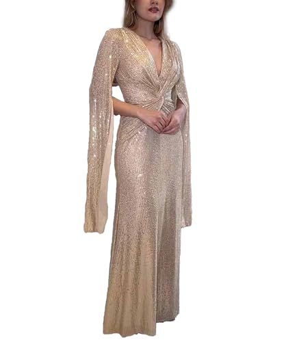 xxxiticat Women's Sequin Prom Dress Long Cape Sleeve V Neck Front Twist Knot Evening Party Wedding Slit Maxi Gown Dresses