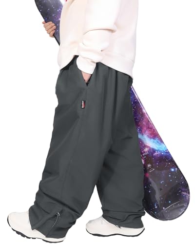 SNBOCON Womens Mens Unisex Snow Baggy Oversize Pants Winter Waterproof Outdoor Snowboard Skiing Elastic Waist with Belt Trousers(S,Grey)