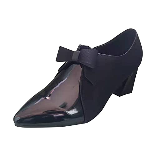 BALABUE Sommer Gittergewebe Bowknot Pailletten Damenschuhe Große Größe Casual Lederschuhe Frauen Temperament Einzelne Schuhe mit Klobige Absätze Flacher Mund Spitze Freizeitschuhe(Schwarz,40) Cover