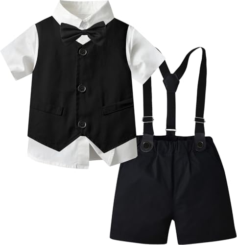Image of SANGTREE Baby Boy Suit Wedding Ring Bearer Outfits Vest Short Sleeve Bowtie Shirt Suspender Summer Gentleman Shorts Sets