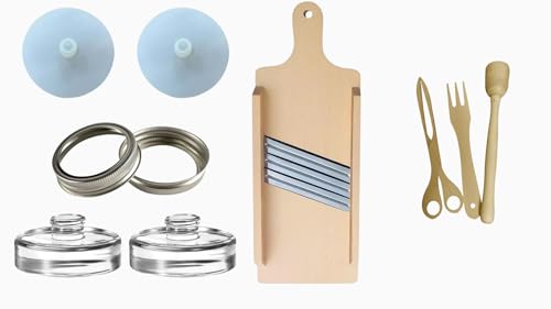 Cabbage Shredder & Fermentation Kit for Wide Mouth Mason Jars - Sauerkraut, Pickle, Kimchi Making Kit - Fermentation Airlock Lids & Glass Weights, Sauerkraut Slicer & Pounder