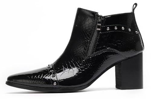 Santimon Men’s Patent Leather Studded Ankle Western Boots – Causal Dress Chelsea Boots with Block Heel & Side Zip, Rock Cowboy Boots for Stage, Party2