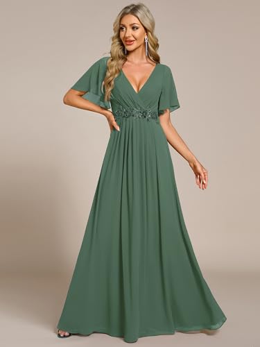 Image of Ever-Pretty Womens V Neck Applique Mother of the Bride Dresses Formal Dress | Chiffon, Short Sleeves, Ruched, A-Line, Bridesmaid Dresses, Formal Gown, Black Tie Dress