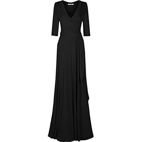 Bon Rosy Women's 3/4 Sleeve Deep V-Neck Maxi Faux Wrap Solid Plus Size Dress 0976 Black 1X Cover