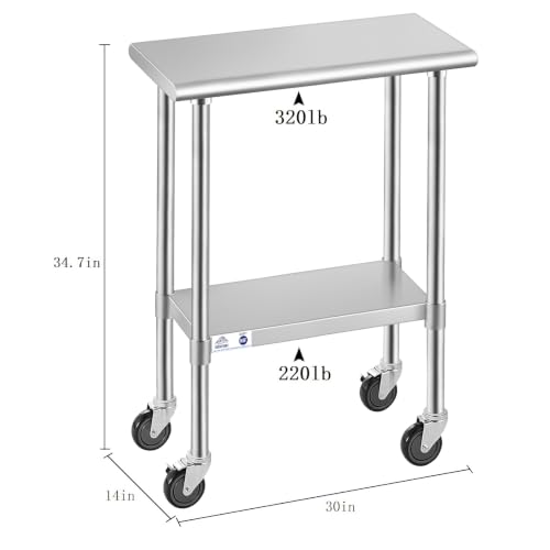 Image of ROCKPOINT Stainless Steel Table for Prep & Work with Caster Wheels 14x30 Inches, NSF Metal Commercial Kitchen Heavy Duty Table with Adjustable Under Shelf and Table Foot for Restaurant, Home and Hotel