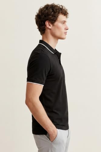 Image of Peter England Men's Snug Fit Solid Polo T-Shirt with Coloured Collar Tipping| Cotton Rich| Premium Pique Weave