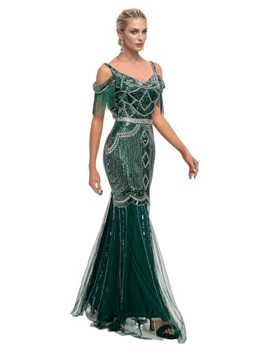 Image of Women Evening Maxi Long Dress 1920s Sequin Mermaid Hem Wedding Prom Gown Costume w / 20s Gatsby Accessories Set