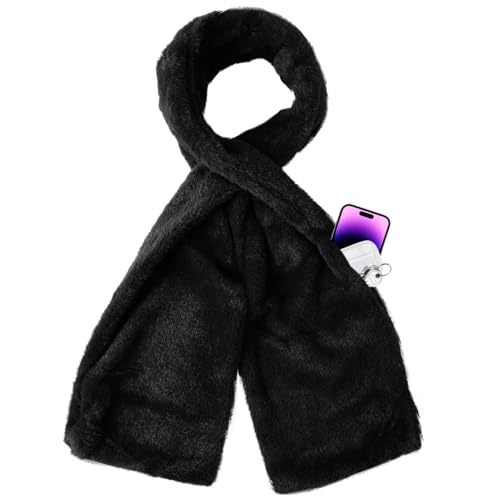 Faylira Faux Fur Pull Through Scarf with Hidden Zipper Pocket Winter Pocket Scarf for Hands-Free Storage Phone Cards Keys(Black)