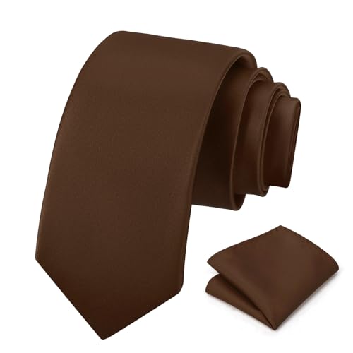 PenSee Mens Coffee Truffle Brown Tie Set Solid Pure Color 3.15 (8CM) Classic Formal Plain Necktie and Pocket Square Set For Men