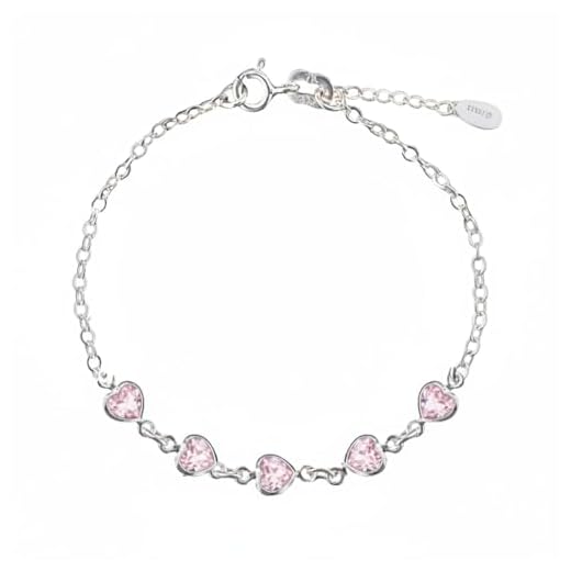Pulseira Prata 925 Anne com Zircônia Corações Prata Legítima (Rosa Claro)